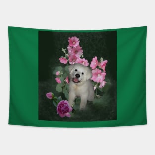 Sweet Puppy and Pink Flowers Tapestry