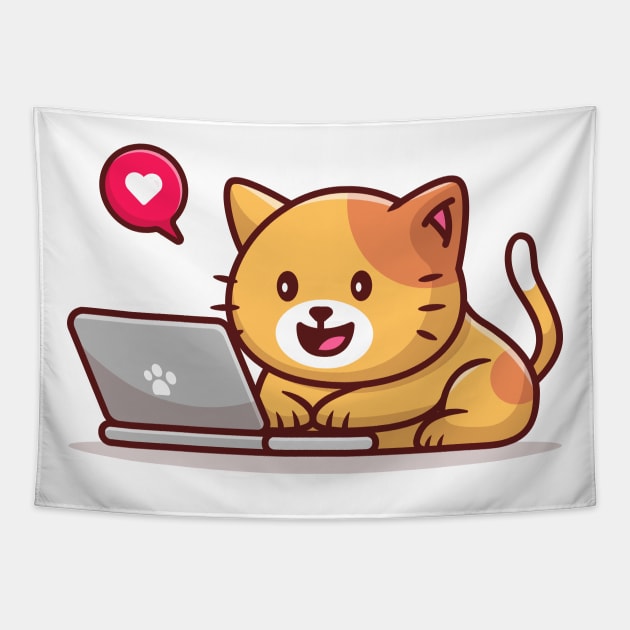 Cute Cat Operating Laptop Tapestry by Catalyst Labs