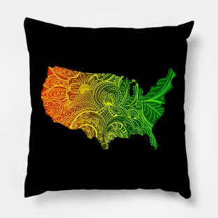 Colorful mandala art map of the United States of America in dark orange and green with yellow Pillow