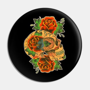 Skull and Roses Tattoo Style Design Pin