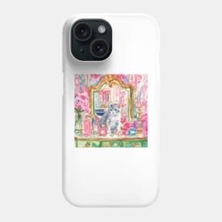 Kitten and vanity mirror, whimsical art print Phone Case