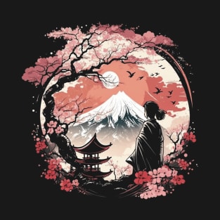 Mount Fuji Cherry Blossoms Geisha Japanese Garden Japan Art -min T-Shirt