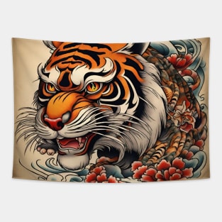 Old School Vintage Tattoo Art Tiger Tapestry