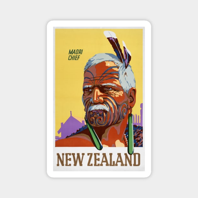 Vintage Travel Poster New Zealand Maori Chief Magnet by vintagetreasure