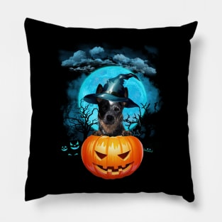 Blue Heeler Witch Hat Pumpkin And Blue Moon Halloween Pillow