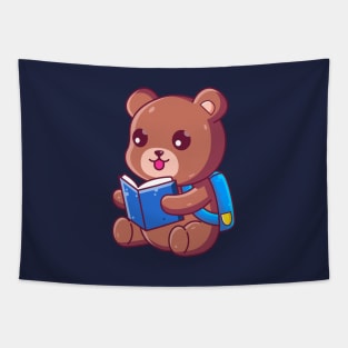 Cute School Brown Bear Reading Book Tapestry