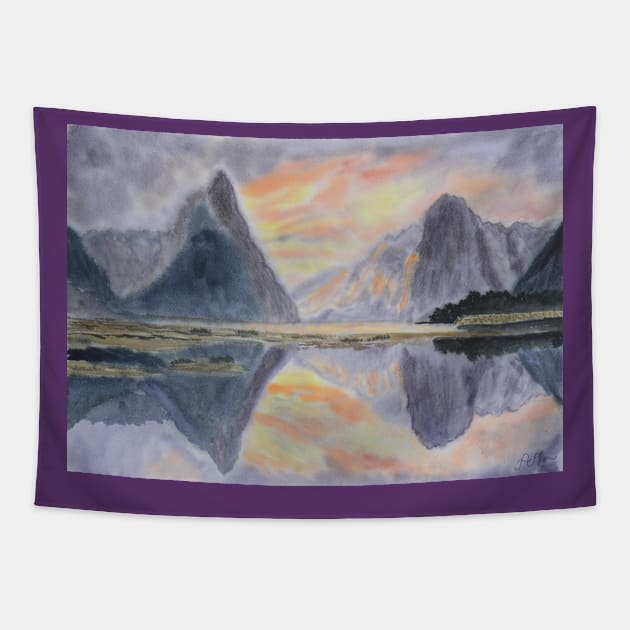 Sunset in Milford Sound, New Zealand Tapestry by Anton Liachovic