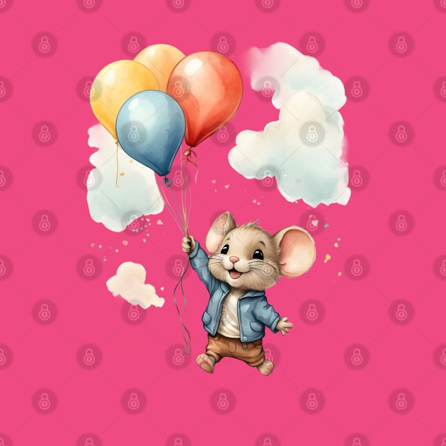 Cute Colorful Baby Mouse With Balloons Watercolor Design by TF Brands