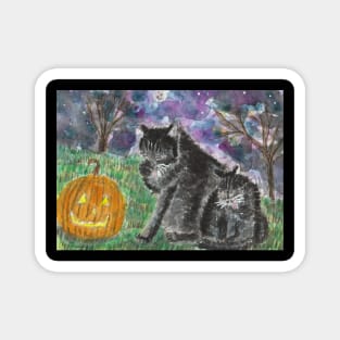 Halloween black cats Pumpkin Jack o lantern watercolor painting Magnet