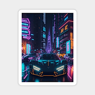 Dark Neon City Sports Car Magnet