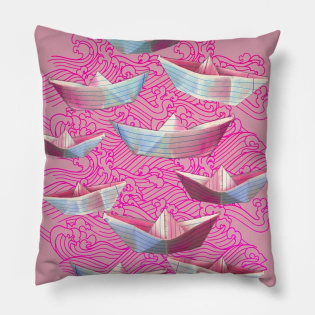 Pink Waves and Paper Boats Pillow by Lyara Costa