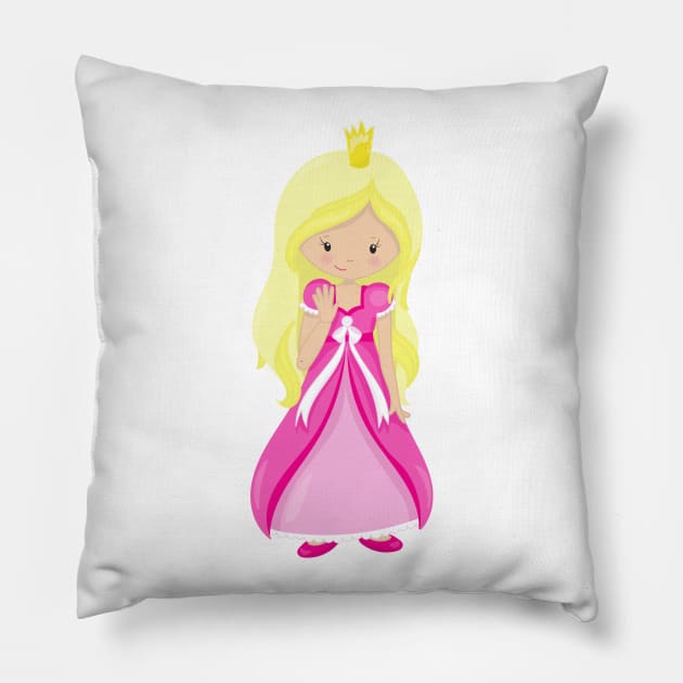 Cute Princess Crown Blonde Hair Pink Dress Princess Pillow