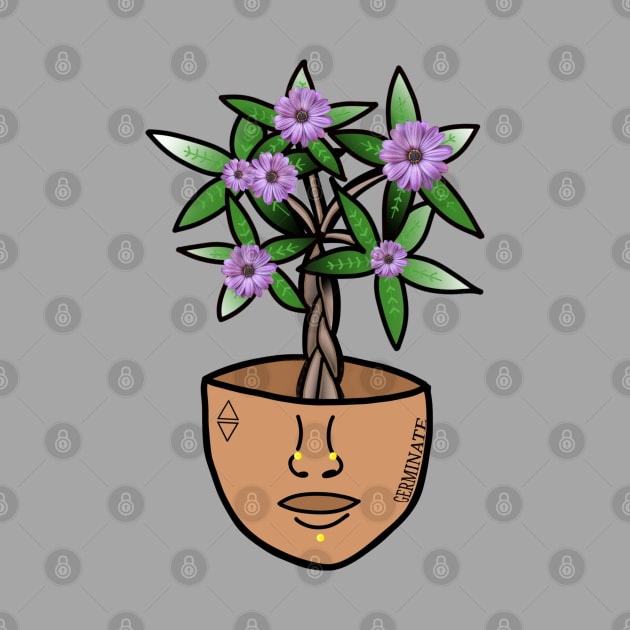 Surreal Money Tree with Purple Daisys, in a Pot Head Planter by Tenpmcreations