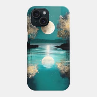 Teal Blue Serene Lake Reflections Full Moon Metallic Phone Case