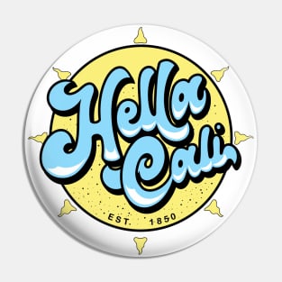 Hella Cali Yellow Sun Blue Lettering Logo Pin
