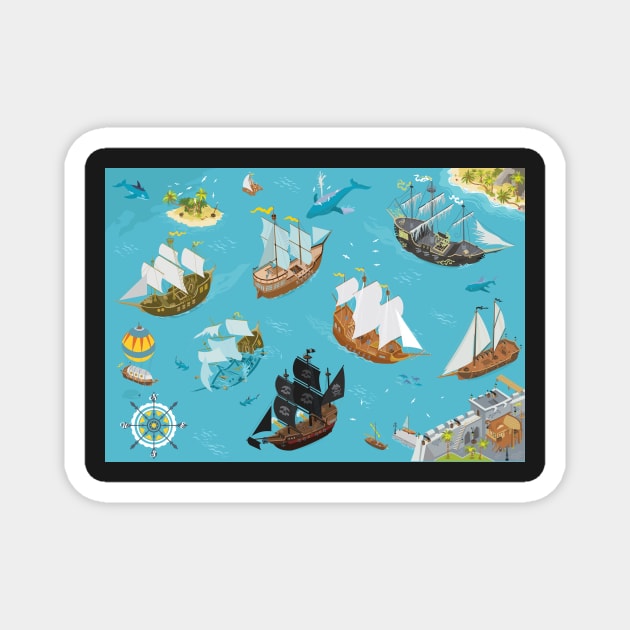 Pirat Bay and sail ships fantasy illustrations Magnet by qpiii