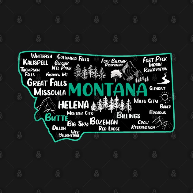 Cute map of Butte Montana, Helena, Missoula, Great Falls, Bozemian, Billings, Kalispell, Big Sky by BoogieCreates