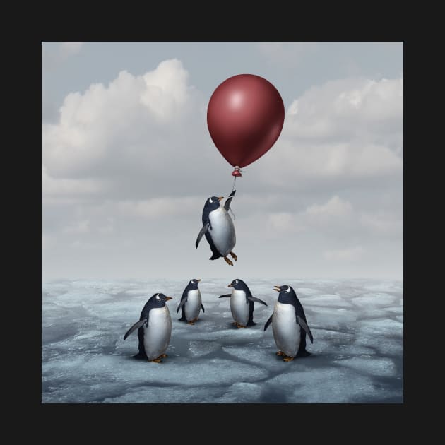 Thinking Different Concept surreal idea as a group of penguins with an individual game changer thinker motivational art by lightidea