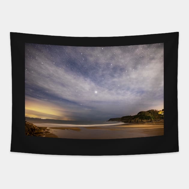 Caswell Bay on Gower in Wales at Night Tapestry by dasantillo