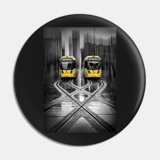 Two Yellow Trams at Stop in Manchester Pin