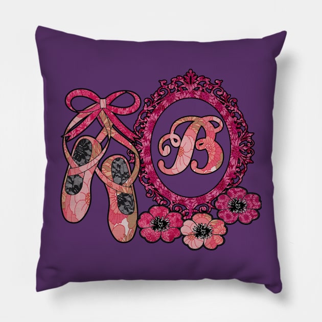 Pink floral ballerina Monogram art B Pillow by artbyomega