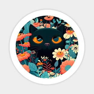 Happy Funny Black Cat In Flowers - Love Cats Magnet