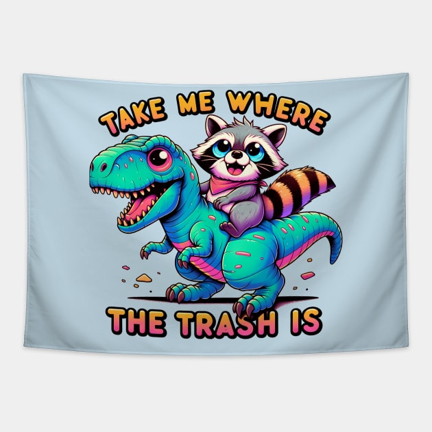 Racoon riding a T-Rex Tapestry by TaevasDesign