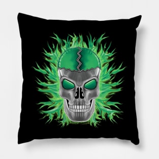 Green Skull with Flames Pillow