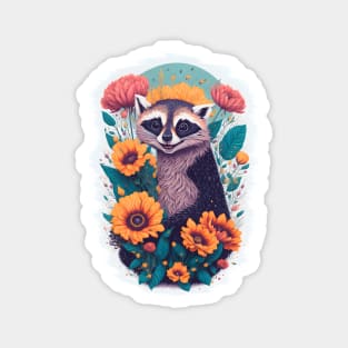 Cheerful Raccoon Amidst Colorful Blooms Magnet