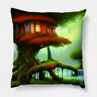 Tree House Portrait in Red Color, Greenery Outside, Landscape Painting Pillow