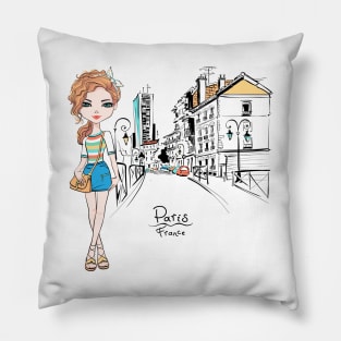 Vector fashion girl in summer clothes in Paris Pillow