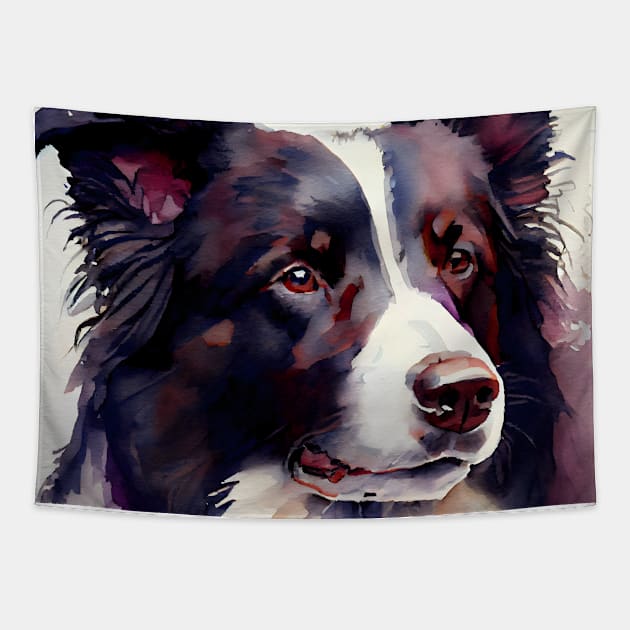 A Black and White Border Collie Watercolor Portrait Tapestry by designs4days