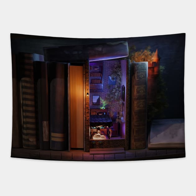 Bookshelf insert - wide - reading in bed Tapestry by vixfx