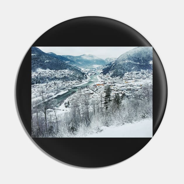 Wintertime - View on Snow-Covered Scandinavian Valley and Town Pin by visualspectrum