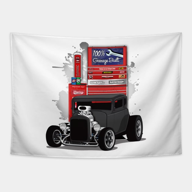 1932 Black Chevy 5 Window Coupe HotRod Garage Built Print Tapestry by RPM-ART