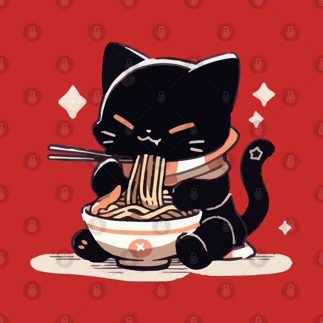 Chubby lucky cat eating ramen by etherElric