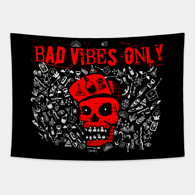 BAD VIBES ONLY red and white fancy boi skeleton sassy memes Tapestry by sandpaperdaisy