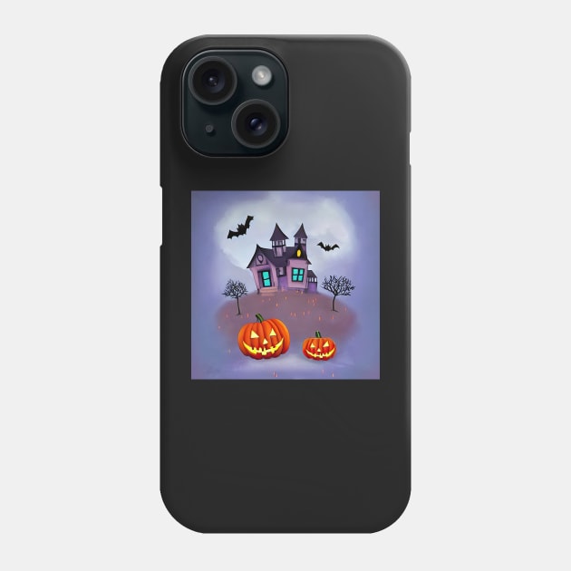 Spooky Purple Haunted House With Three Horned Bats and Pumpkins digital painting Phone Case by SubtleSplit