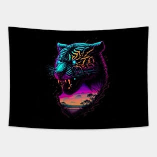 Retrowave Synthwave Tiger Head - 1980's Animal Print Tapestry