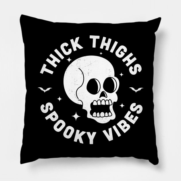 Thick Thighs Spooky Vibes Funny Halloween Skull Pillow by OrangeMonkeyArt