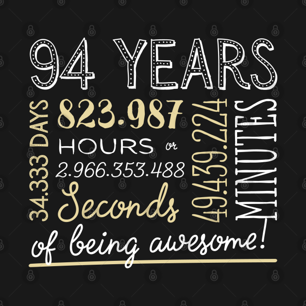 94th Birthday Gifts 94 Years of being Awesome in Hours & Seconds