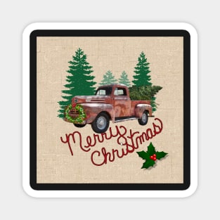 Christmas Red Truck Tree Vintage Traditional Merry Christmas on Burlap Graphic Gifts Magnet