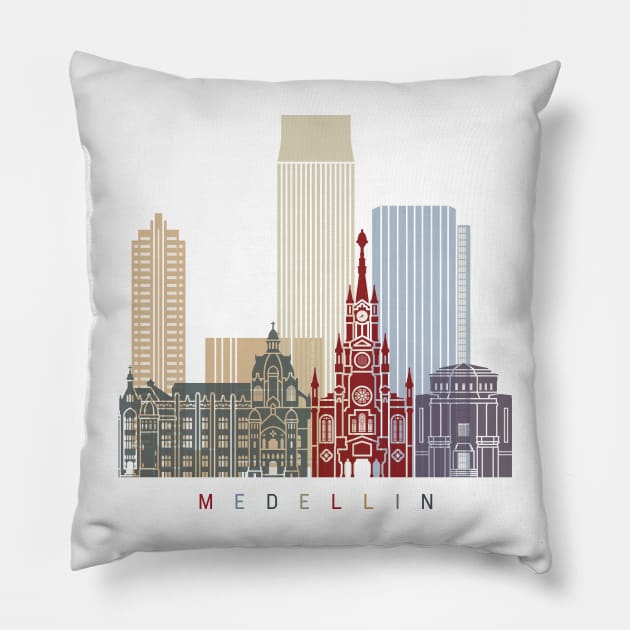 Medellin skyline in poster Pillow by PaulrommerArt