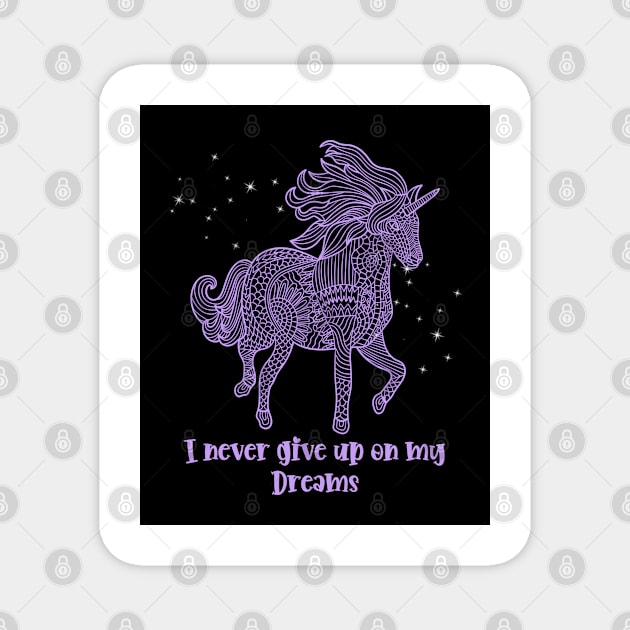 I Never Give Up On My Dreams Beautiful Purple Geometrical Unicorn With Sparkle Magnet by teezeedy