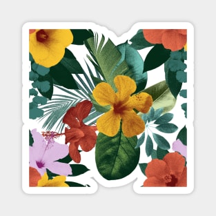 Colorful tropical flowers and leaves. Hibiscus flower, Palm leaves vibrant summer exotic print. Magnet