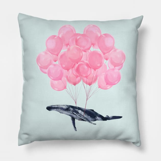 Flying Whale with Pink balloons #1 Pillow by bignosework