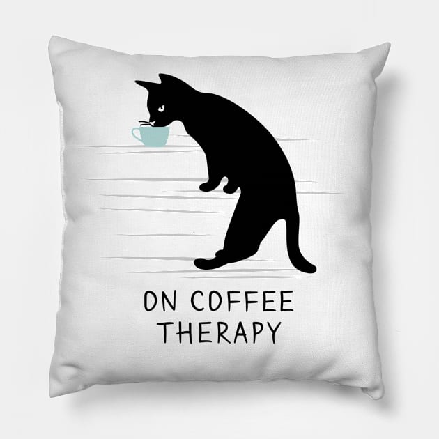 Black Cat on Coffee Therapy Pillow by runcatrun