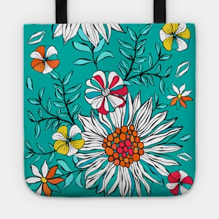 White Teal Yellow Orange Red Daisy Flowers Tote