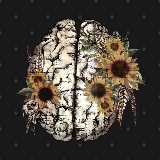 Mental health,  floral sunflowers and brain, value your mind by Collagedream