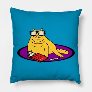 Funny Yellow Chonk Cat Wearing Glasses Reads Book Pillow